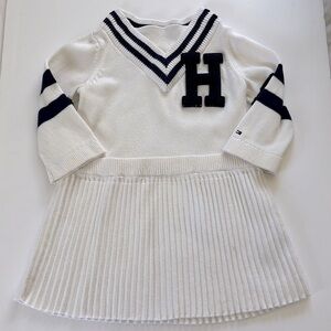 Tommy Hilfiger White Long-sleeve Pleated Polo Dress With Navy H, Girls Size 18M
